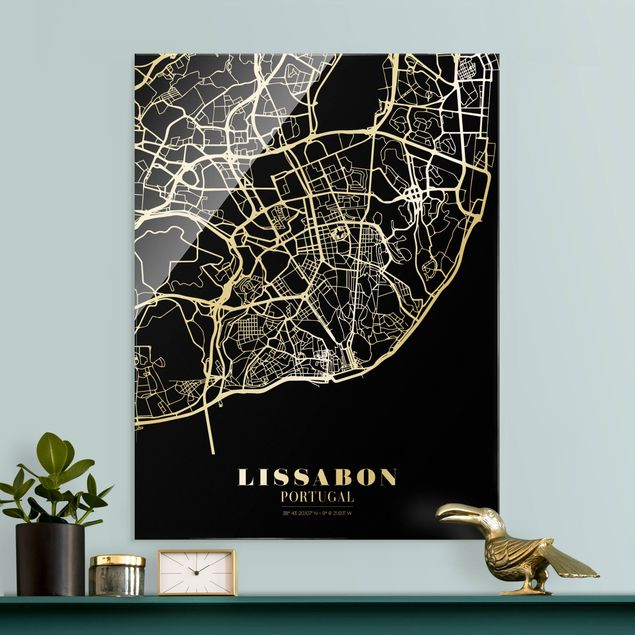 Glass prints black and white Lisbon City Map - Classic Black