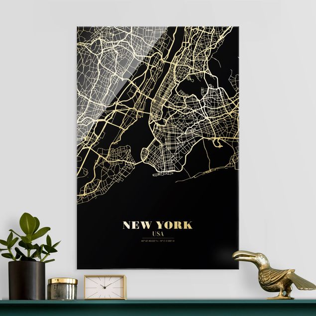 Glass prints New York New York City Map - Classic Black