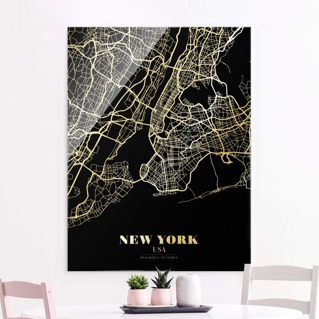 Glass prints New York New York City Map - Classic Black