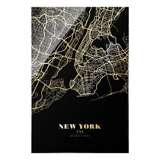 Glass prints black and white New York City Map - Classic Black