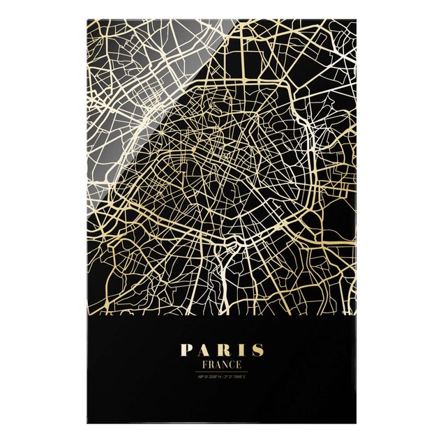 Glass prints black and white Paris City Map - Classic Black