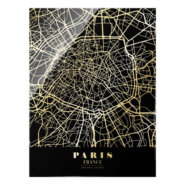 Glass prints black and white Paris City Map - Classic Black