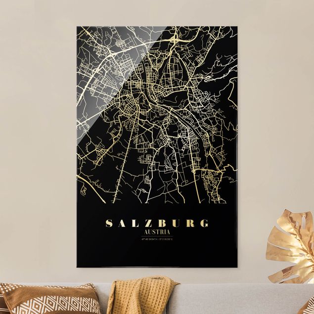 Glass prints black and white Salzburg City Map - Classic Black
