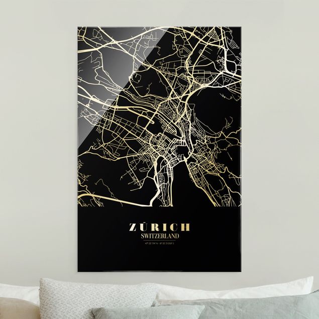 Glass prints black and white Zurich City Map - Classic Black