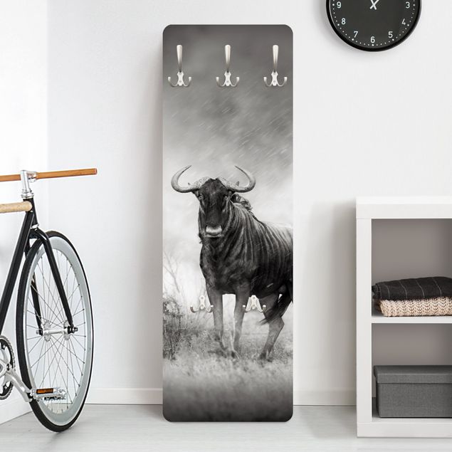 Wall mounted coat rack black and white Staring Wildebeest