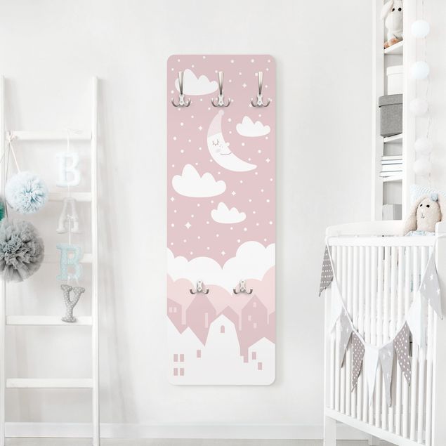 Wall mounted coat rack architecture and skylines Starry Sky With Moon Pink