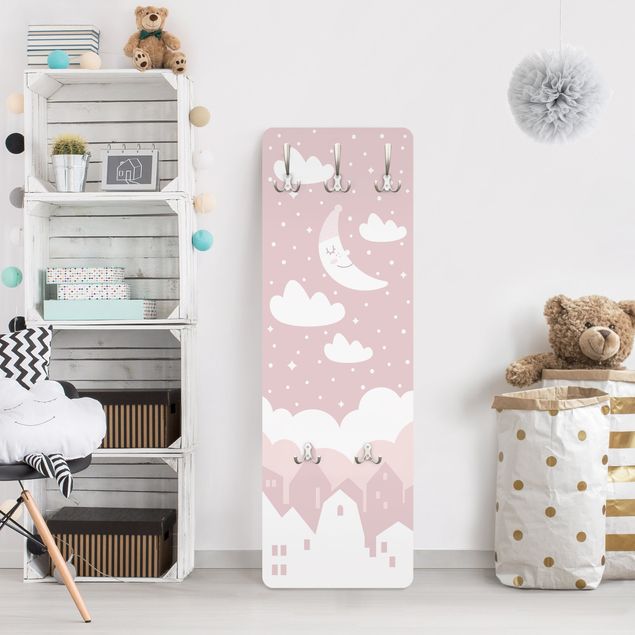 Wall mounted coat rack Starry Sky With Moon Pink