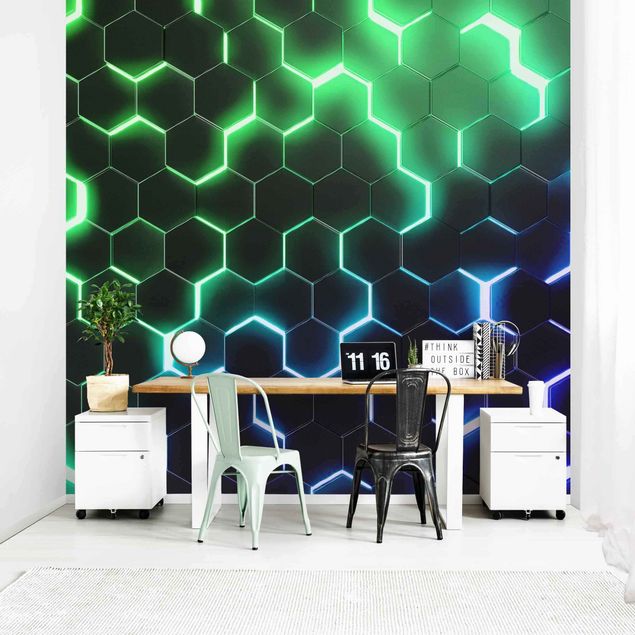 Geometric shapes wallpaper Structured Hexagons With Neon Light In Green And Blue