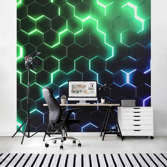 Contemporary wallpaper Structured Hexagons With Neon Light In Green And Blue