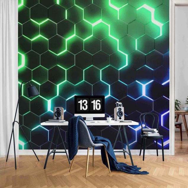 Wallpapers patterns Structured Hexagons With Neon Light In Green And Blue