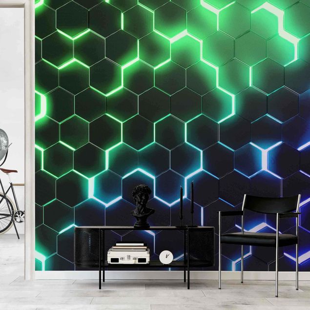 Wallpapers 3d Structured Hexagons With Neon Light In Green And Blue