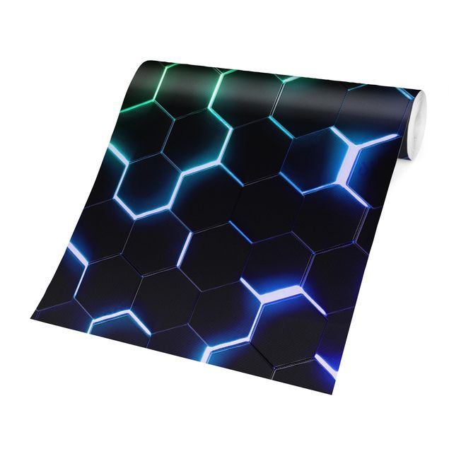 Wallpapers black Structured Hexagons With Neon Light In Green And Blue