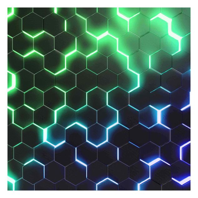 Peel and stick wallpaper Structured Hexagons With Neon Light In Green And Blue