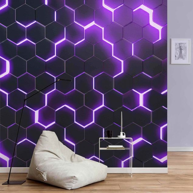 Wallpapers modern Structured Hexagons With Neon Light In Purple