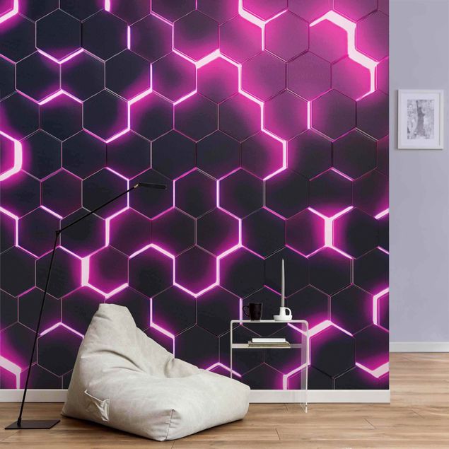 Geometric shapes wallpaper Structured Hexagons With Neon Light In Pink
