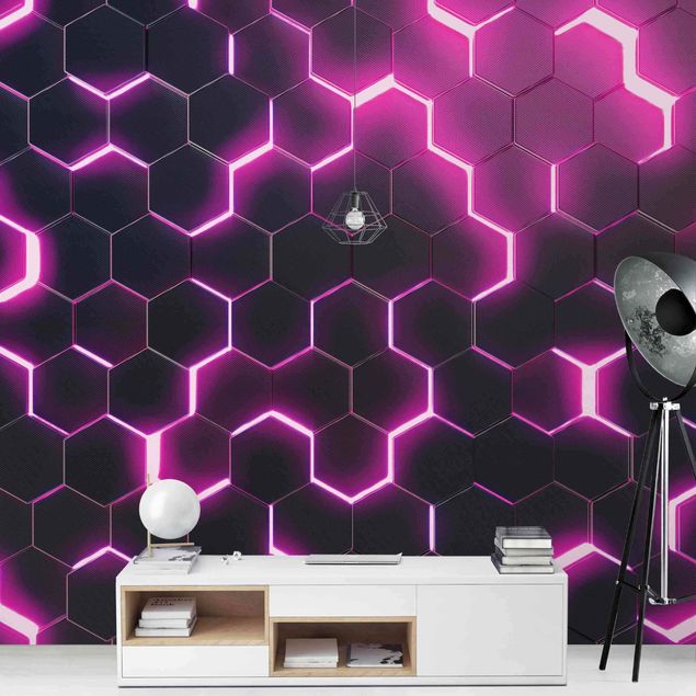 Contemporary wallpaper Structured Hexagons With Neon Light In Pink