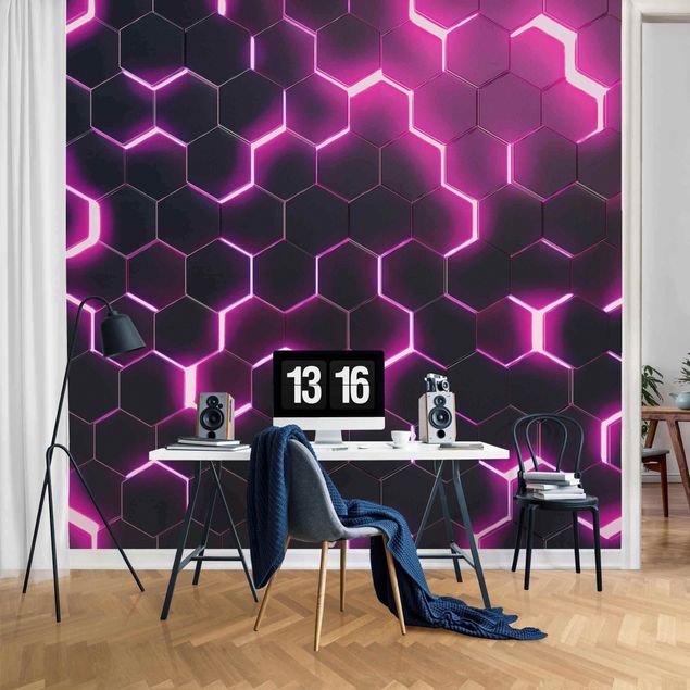 Wallpapers 3d Structured Hexagons With Neon Light In Pink