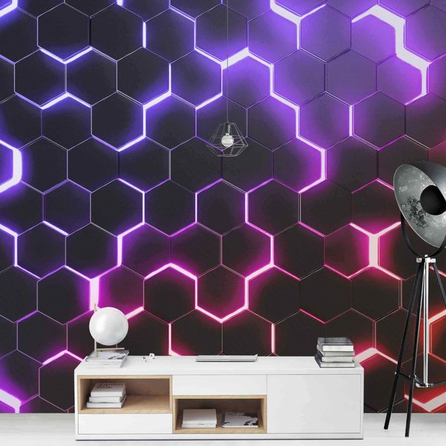 Wallpapers geometric Structured Hexagons With Neon Light In Pink And Purple