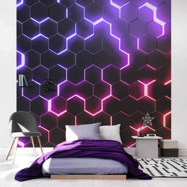 Wallpapers modern Structured Hexagons With Neon Light In Pink And Purple