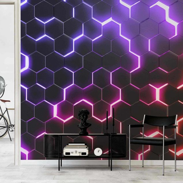 Wallpapers 3d Structured Hexagons With Neon Light In Pink And Purple