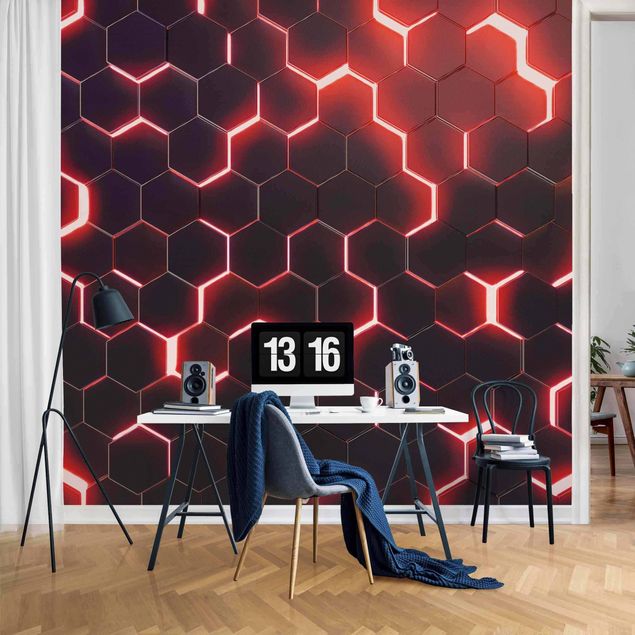 Wallpapers modern Structured Hexagons With Neon Light In Red