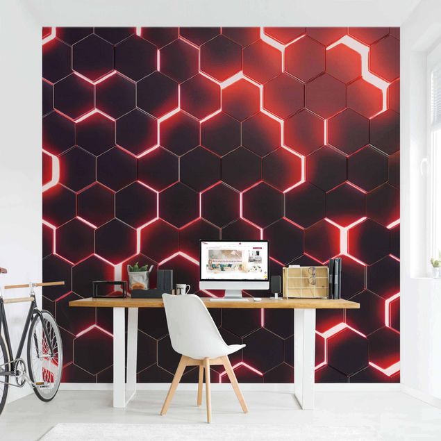 Wallpapers 3d Structured Hexagons With Neon Light In Red