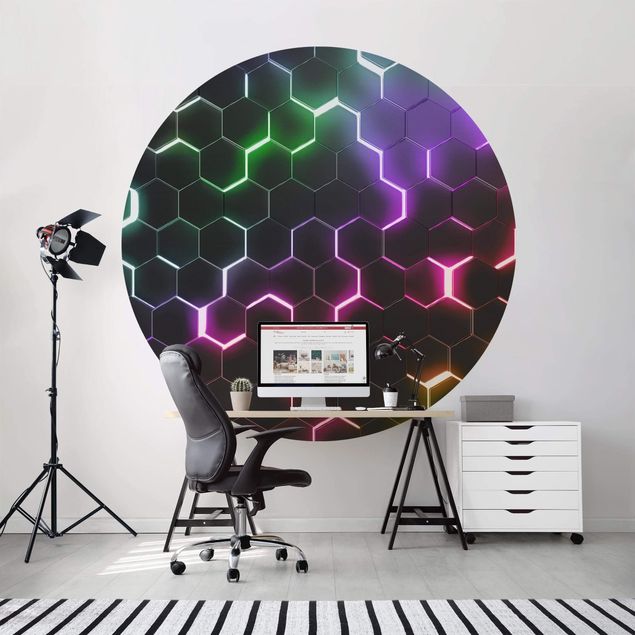 Self-adhesive round wallpaper - Hexagonal Pattern With Neon Light