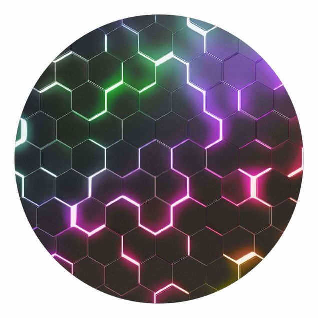 Self-adhesive round wallpaper - Hexagonal Pattern With Neon Light