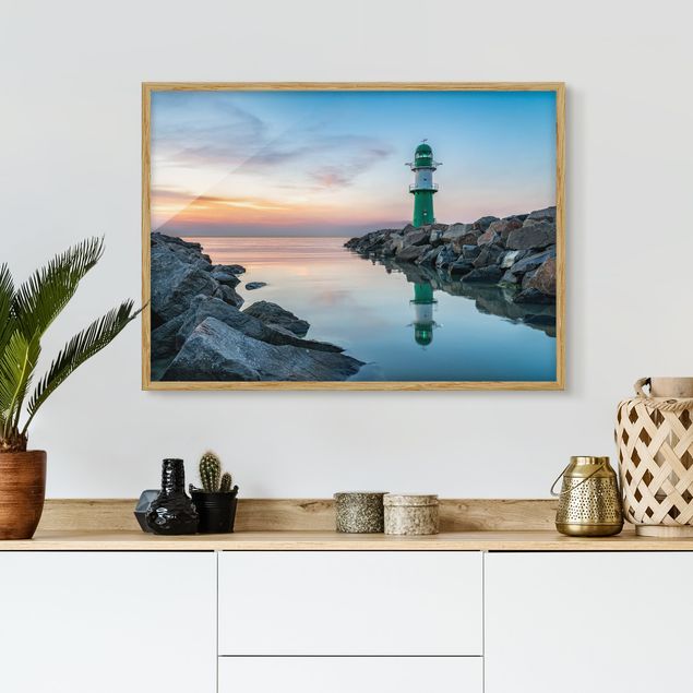 Framed beach wall art Sunset at the Lighthouse