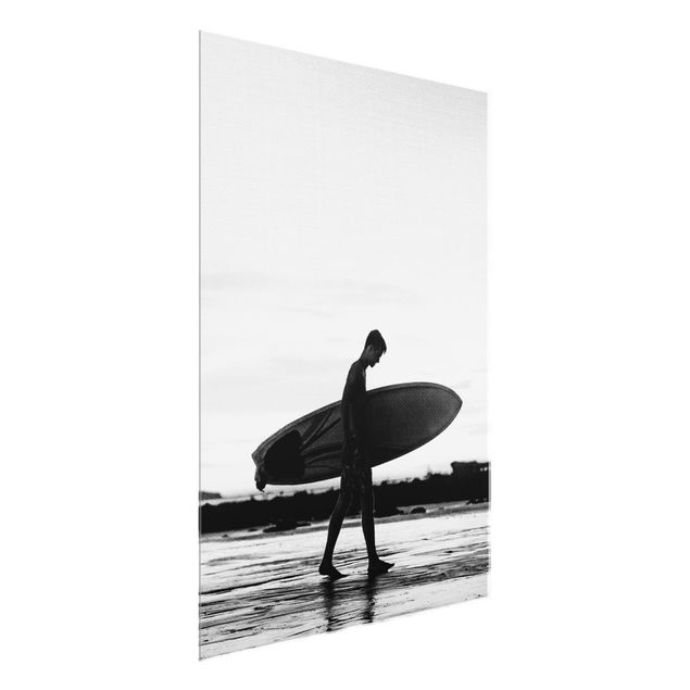 Glass prints black and white Shadow Surfer Boy In Profile
