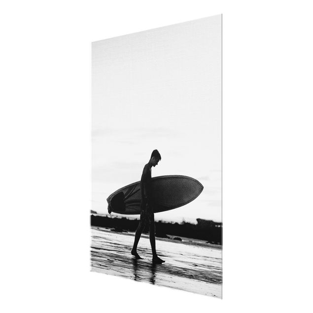 Glass prints beach Shadow Surfer Boy In Profile