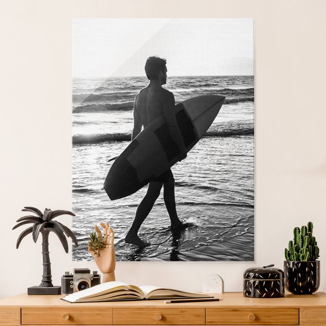 Glass prints sunset Surfer Boy At Sunset