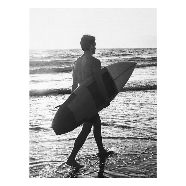 Glass prints black and white Surfer Boy At Sunset