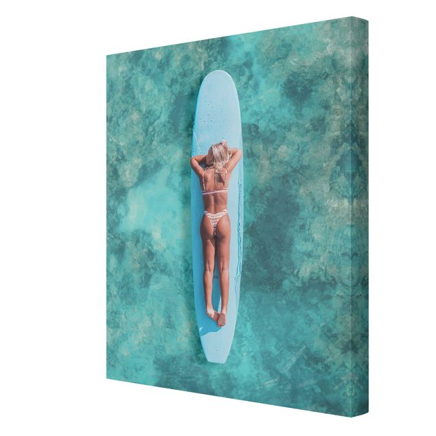 Beach canvas art Surfer Girl With Blue Board