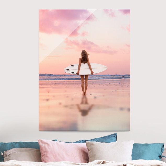 Prints landscape Surfer Girl With Board At Sunset