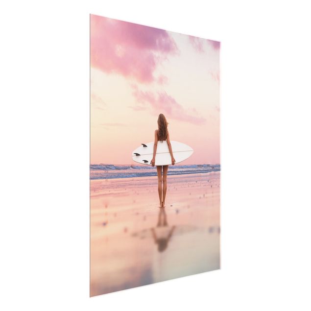 Glass prints landscape Surfer Girl With Board At Sunset