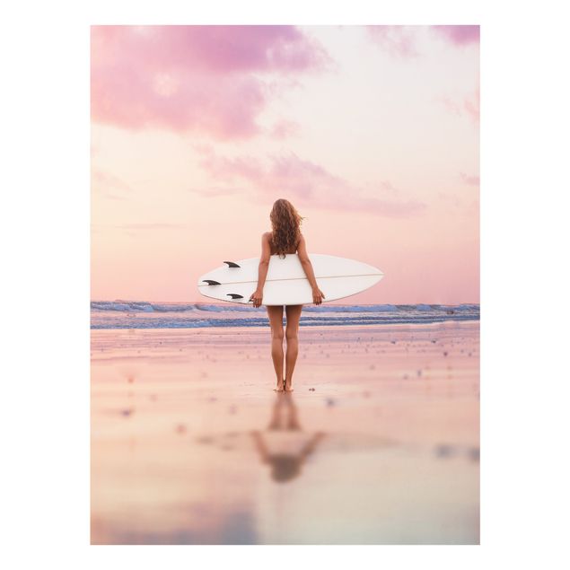 Glass prints beach Surfer Girl With Board At Sunset
