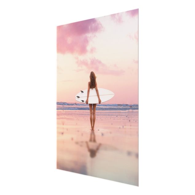 Modern art prints Surfer Girl With Board At Sunset
