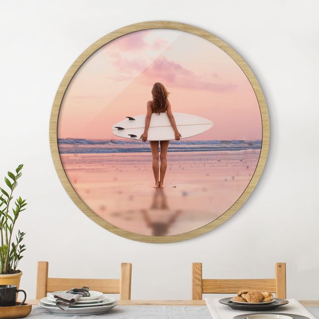Framed beach pictures Surfer Girl With Board At Sunset