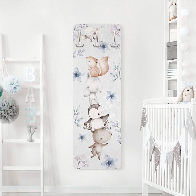 Wall mounted coat rack flower Dancing forest animal friends pastel