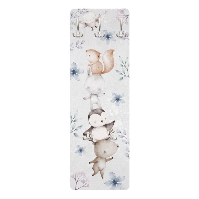 Wall coat rack Dancing forest animal friends pastel