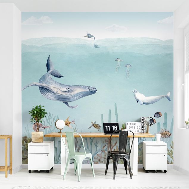 Kids room decor Dancing whales on the coral reef