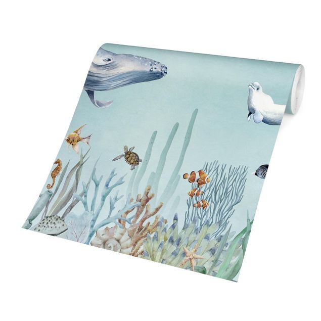 Contemporary wallpaper Dancing whales on the coral reef