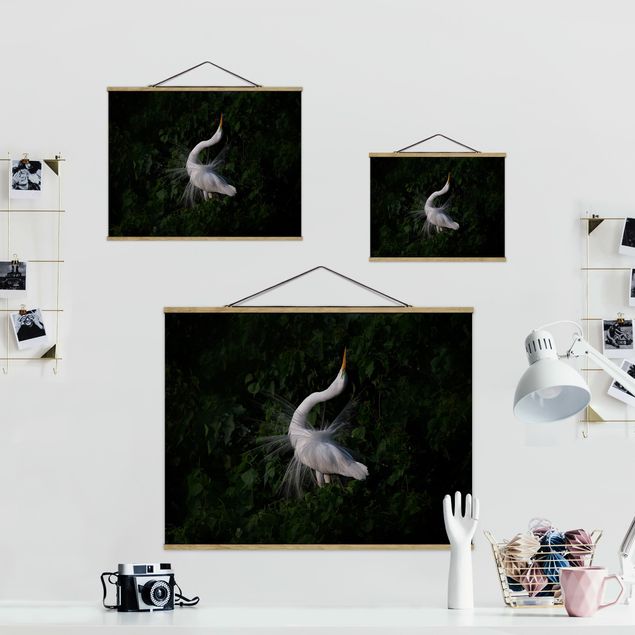 Fabric print with posters hangers Dancing Egrets In Front Of Black