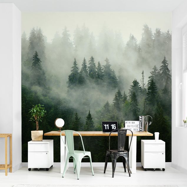 Modern wallpaper designs Deep Green Fir Forest In The Fog