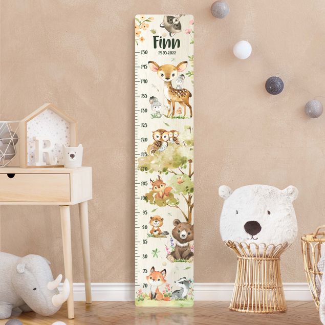 Wooden height chart Animals from the forest watercolour with custom name