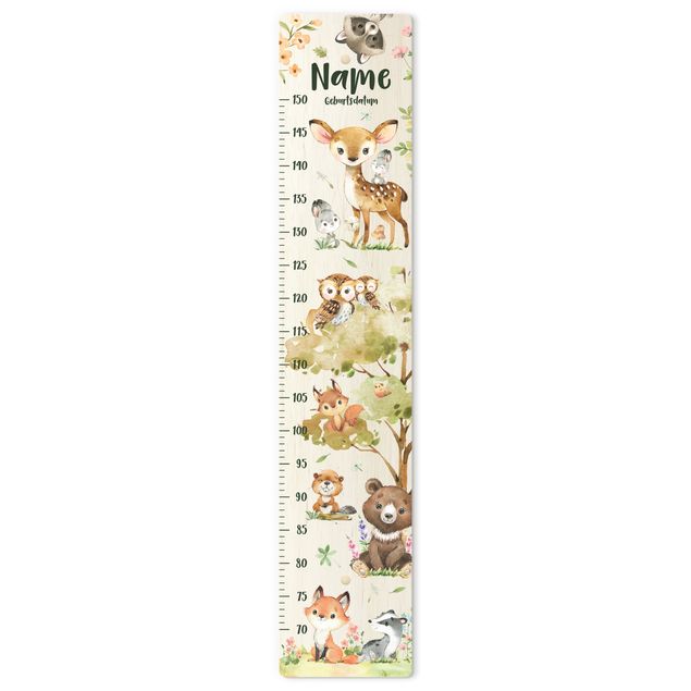Wooden height chart for kids - Animals from the forest watercolour with custom name