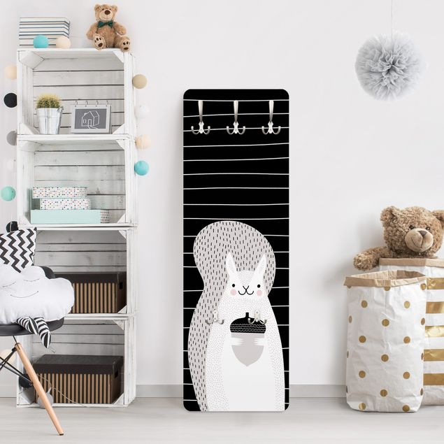 Wall mounted coat rack black and white Zoo With Patterns - Squirrel