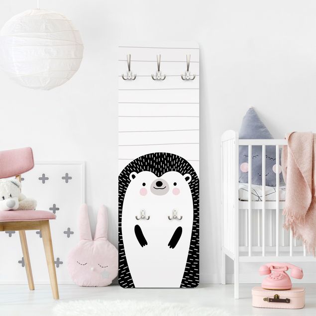 Wall mounted coat rack black and white Zoo With Patterns - Hedgehog