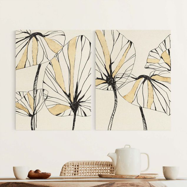 Flower print Tropical Leaves With Gold